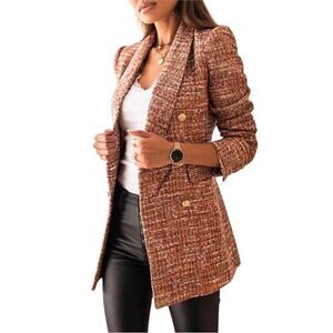Chic Me Brown Tan Tweed Blazer with Notched Lapel‎